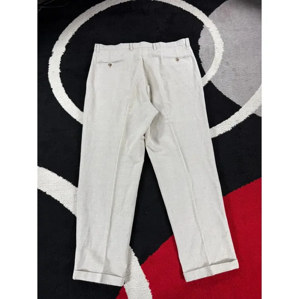 VINTAGE Eddie Bauer Pants Mens 40x30 Cream Linen Blend Beach Pleated Cuffed